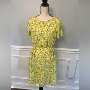 LOFT Yellow Floral To The Knee Dress Cottagecore Pleats Lined Casual Everyday